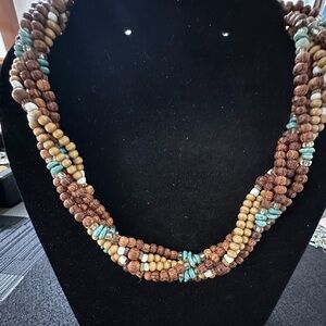 108- Vtg Napier 1980s Dk Lt Wood Faux Turquoise Twist Bead Multi Strand Necklace